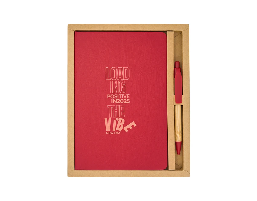 Czerwony zestaw: notes A5 z logo i bambusowy długopis