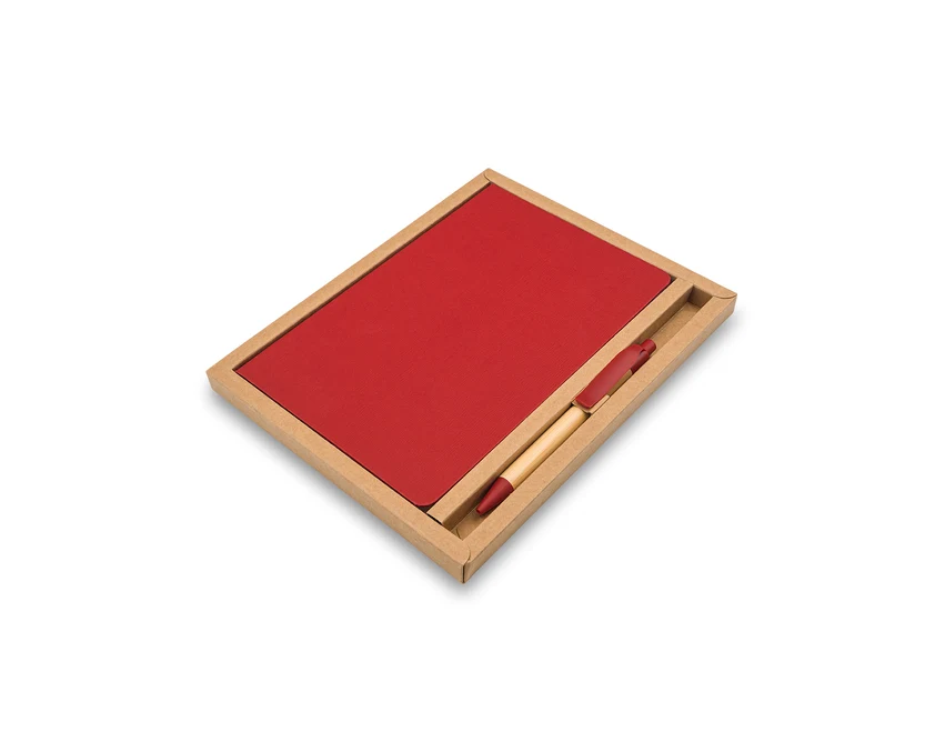 Czerwony zestaw: notes A5 z logo i bambusowy długopis