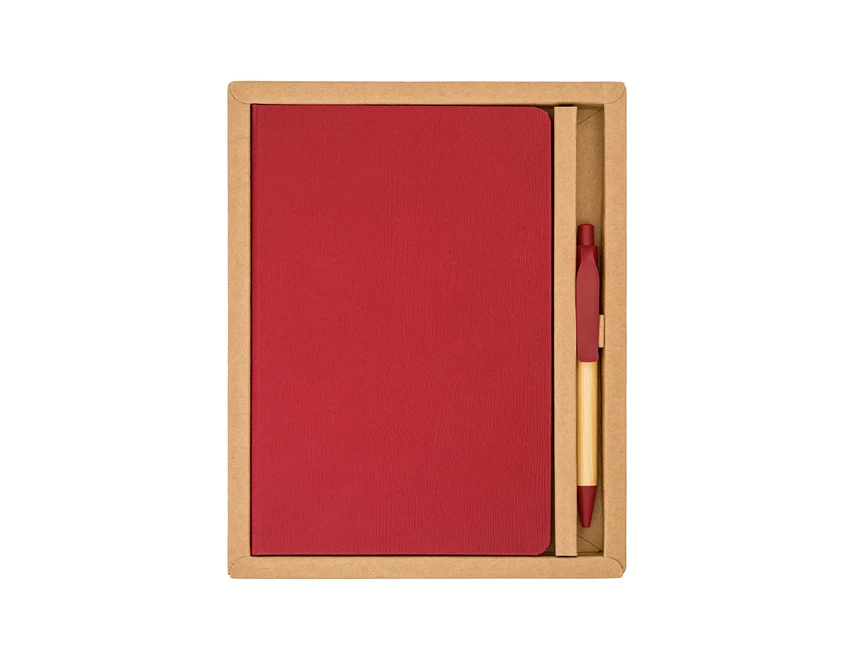 Czerwony zestaw: notes A5 z logo i bambusowy długopis