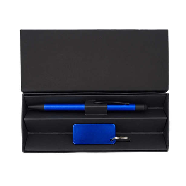 Niebieski zestaw piśmienniczy z grawerem – długopis i brelok