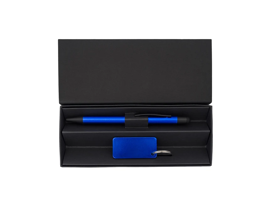 Niebieski zestaw piśmienniczy z grawerem – długopis i brelok