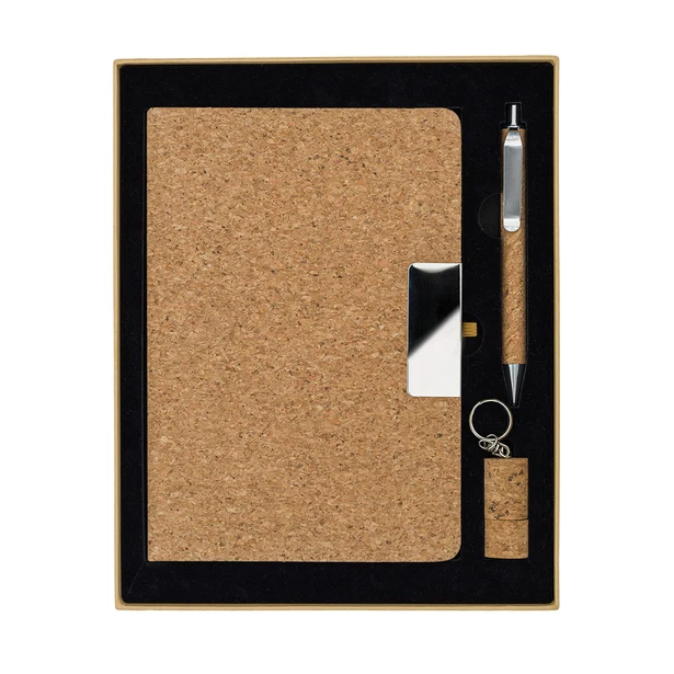 Beżowy zestaw: notes korkowy A5, długopis, USB 64GB