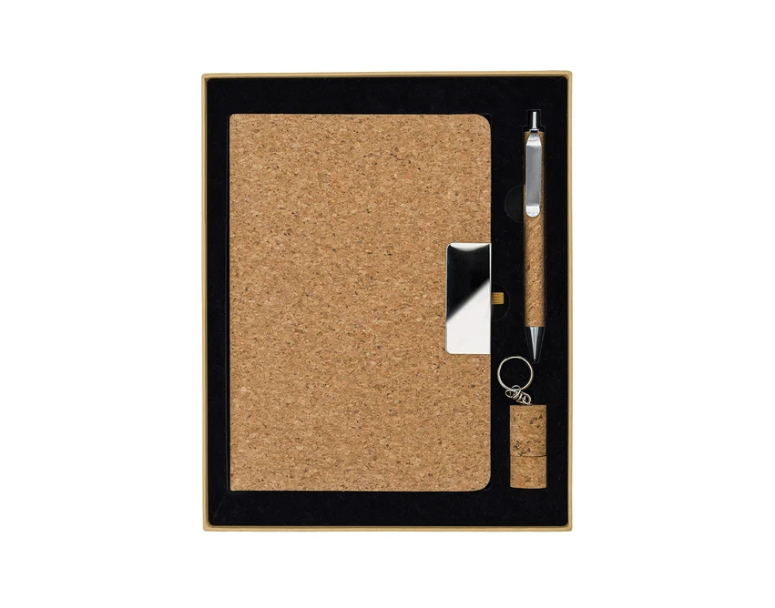 Beżowy zestaw: notes korkowy A5, długopis, USB 64GB