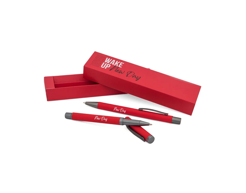 Jetmore czerwony zestaw: długopis i pióro z logo + etui
