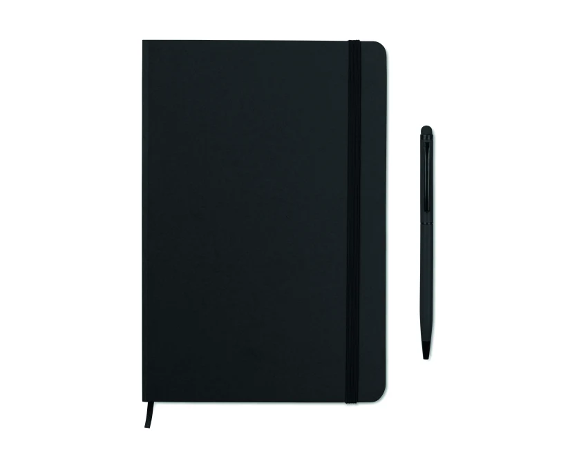 Czarny notes A5 z długopisem stylus i miejscem na logo