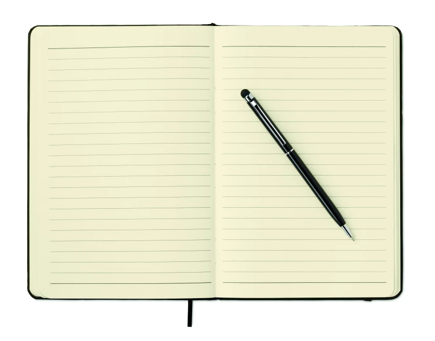 Czarny notes A5 z długopisem stylus i miejscem na logo