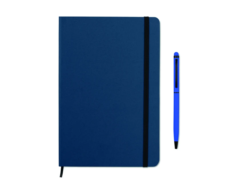 Granatowy notes A5 z długopisem i rysikiem, nadruk logo