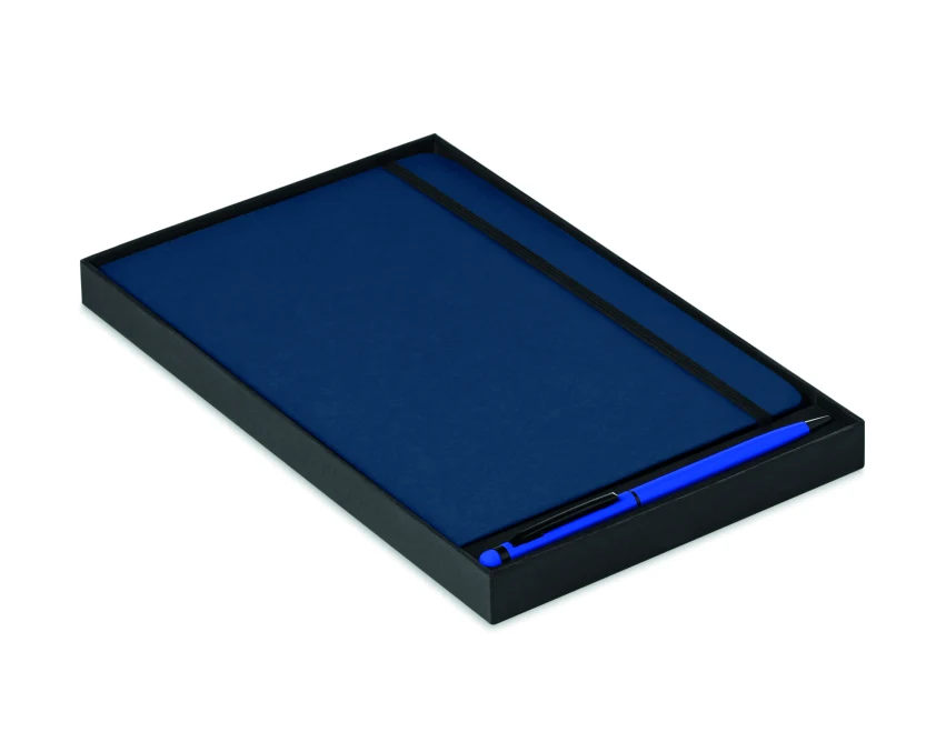 Granatowy notes A5 z długopisem i rysikiem, nadruk logo