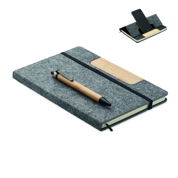 Notes A5 RPET z bambusowym długopisem kamiennoszary