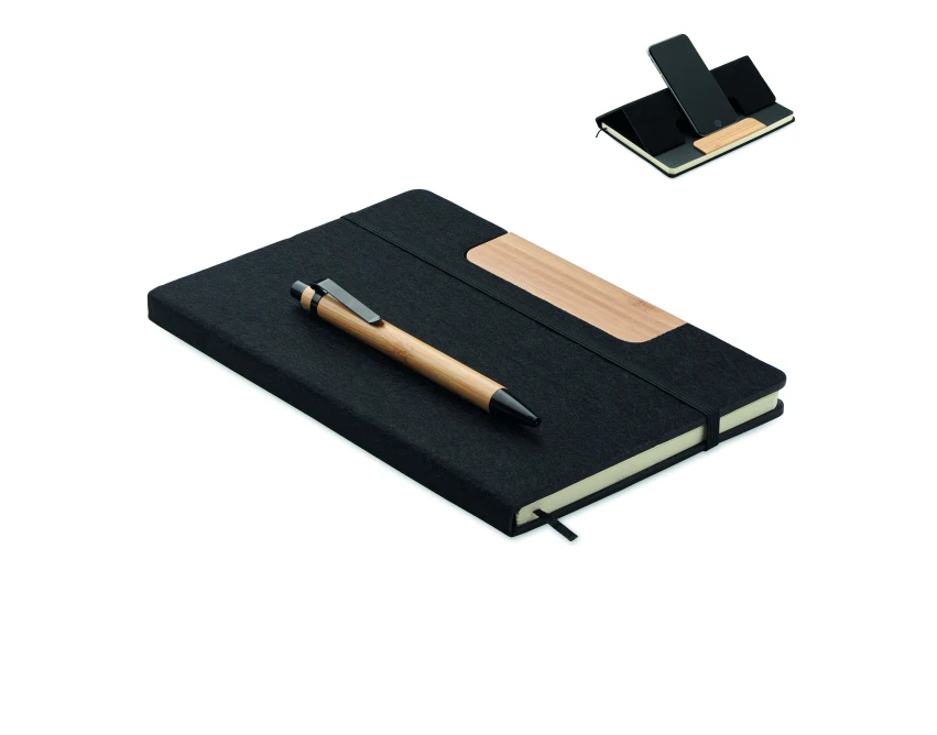 Czarny notes A5 RPET z bambusowym długopisem i podstawką