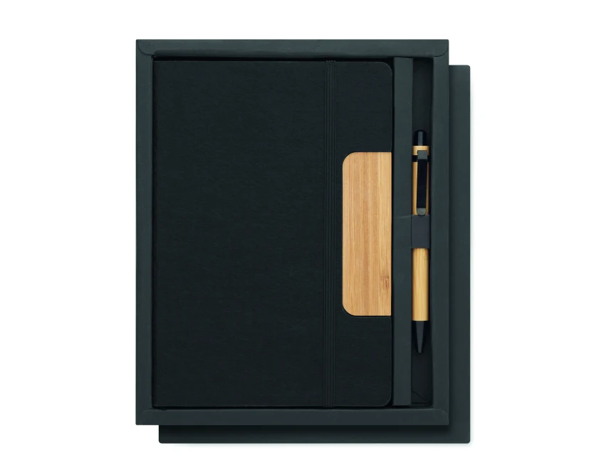 Czarny notes A5 RPET z bambusowym długopisem i podstawką