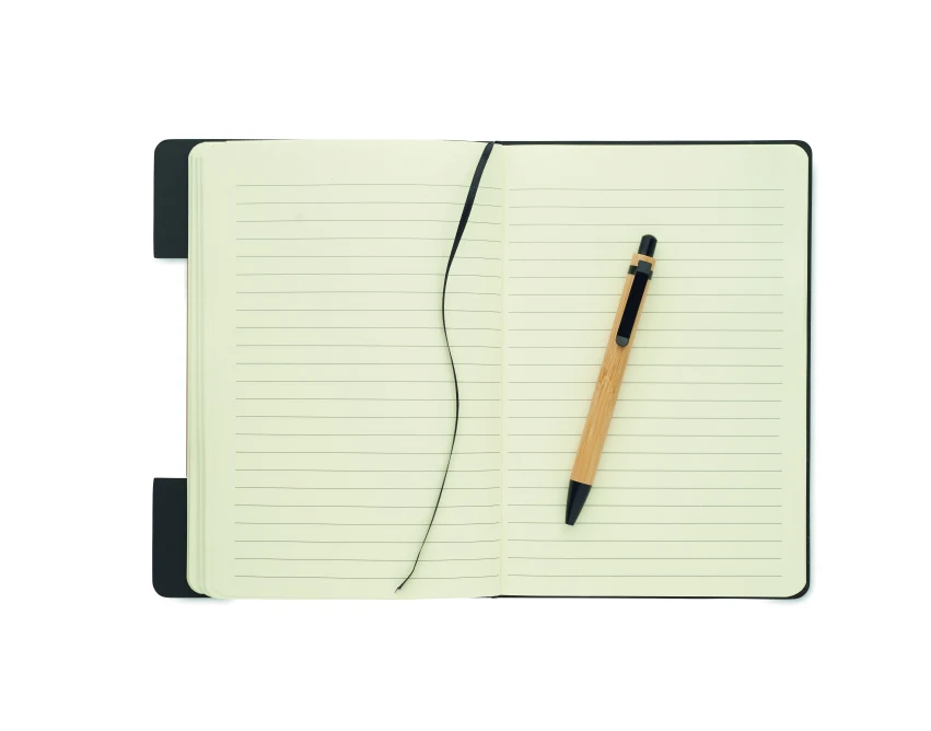 Czarny notes A5 RPET z bambusowym długopisem i podstawką