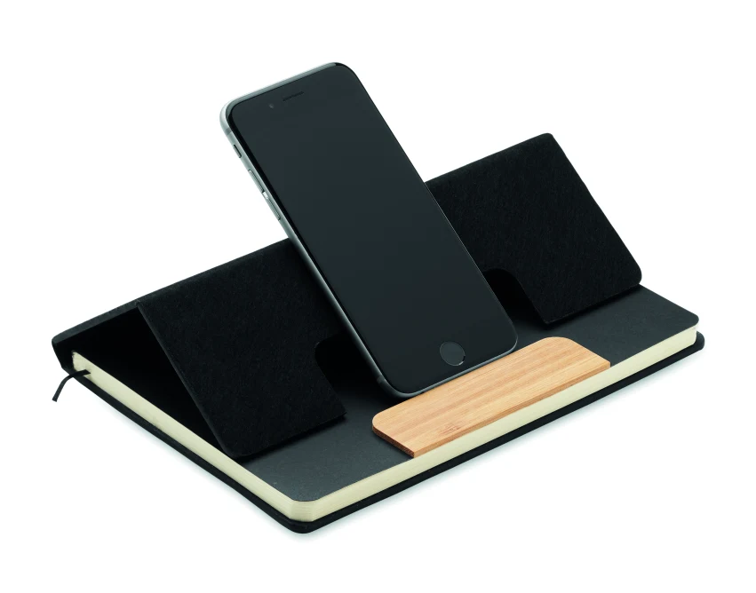 Czarny notes A5 RPET z bambusowym długopisem i podstawką