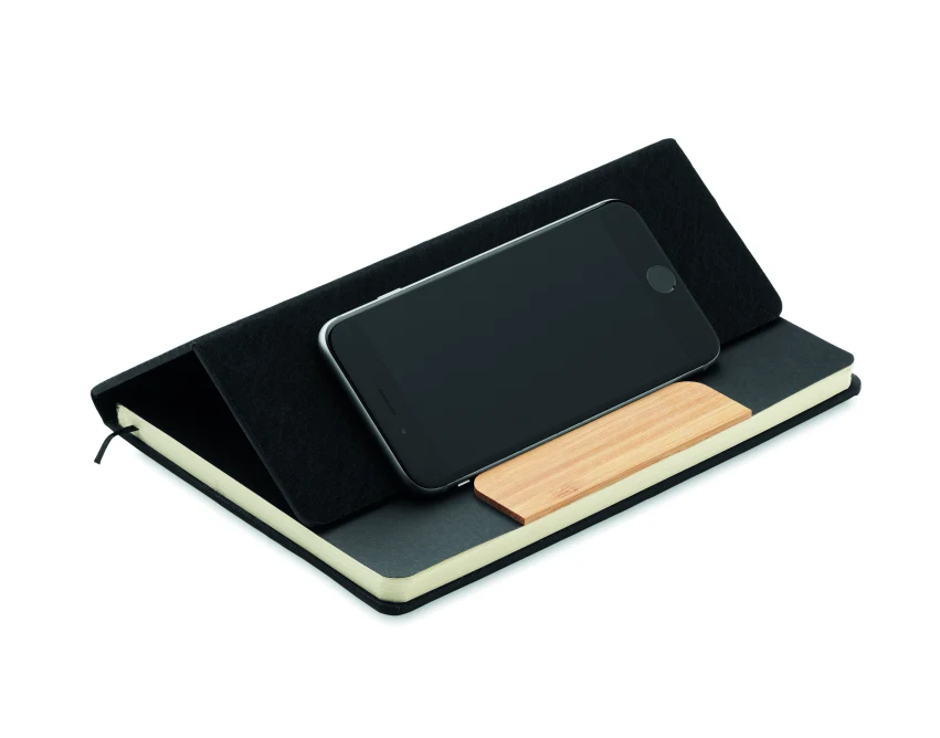 Czarny notes A5 RPET z bambusowym długopisem i podstawką