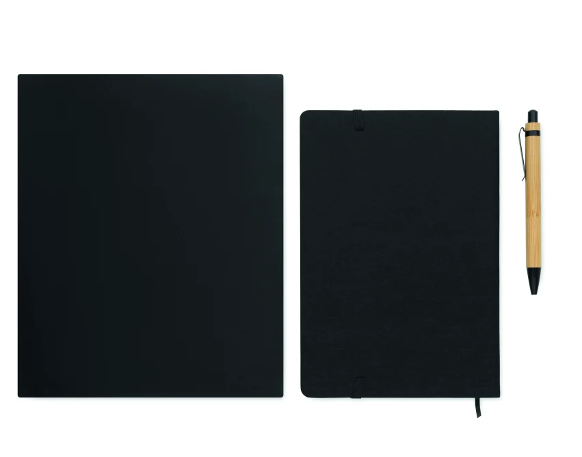 Czarny notes A5 RPET z bambusowym długopisem i podstawką