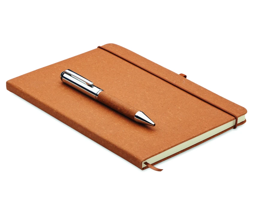 Brązowy notatnik A5 ze skóry z recyklingu i długopis logo