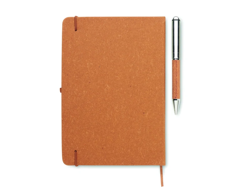 Brązowy notatnik A5 ze skóry z recyklingu i długopis logo