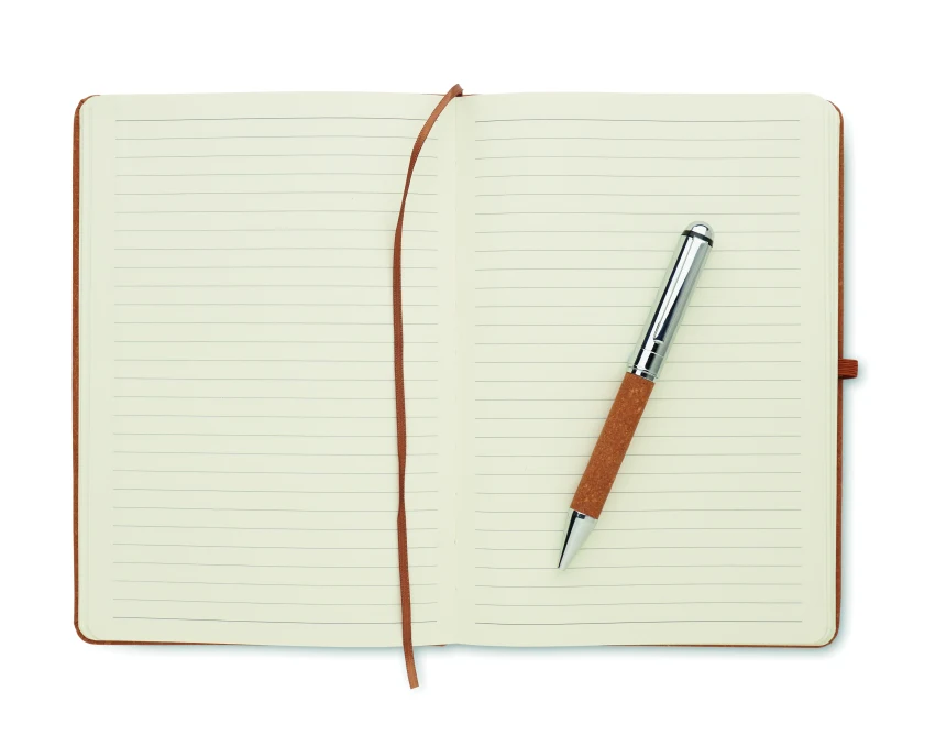 Brązowy notatnik A5 ze skóry z recyklingu i długopis logo