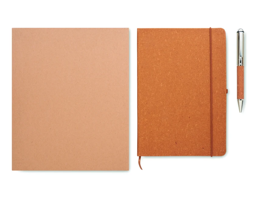 Brązowy notatnik A5 ze skóry z recyklingu i długopis logo