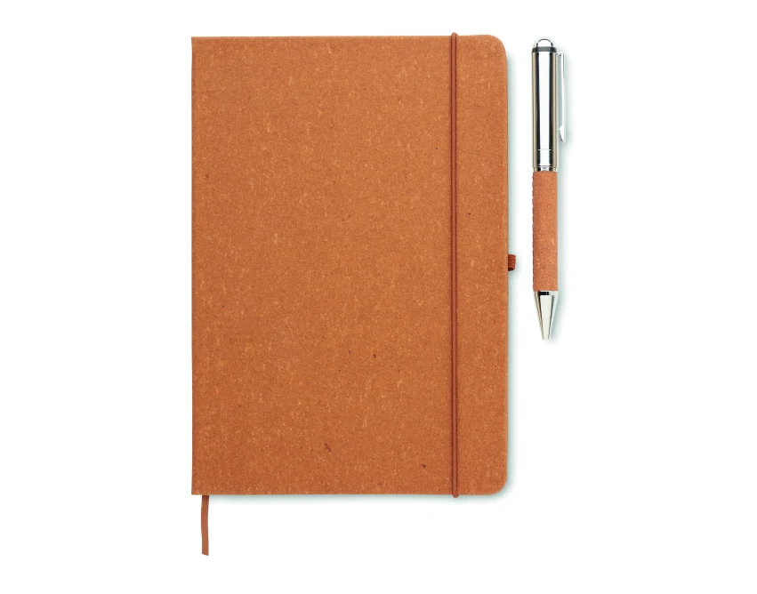 Brązowy notatnik A5 ze skóry z recyklingu i długopis logo