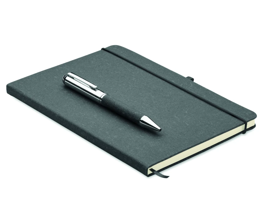 Czarny zestaw notes A5 z recyklingu i metalowym długopisem