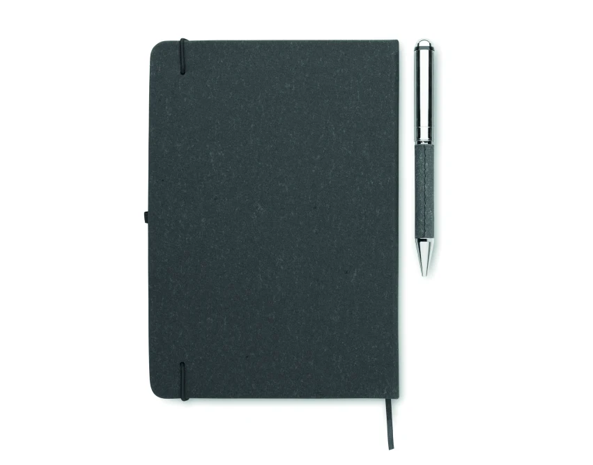 Czarny zestaw notes A5 z recyklingu i metalowym długopisem