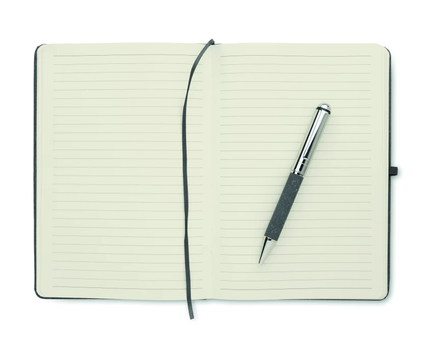 Czarny zestaw notes A5 z recyklingu i metalowym długopisem