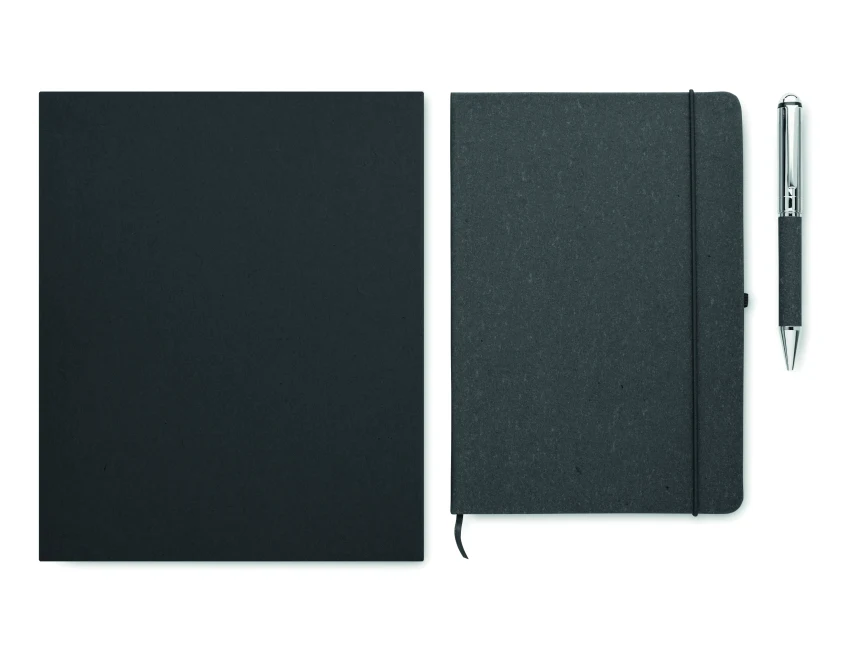 Czarny zestaw notes A5 z recyklingu i metalowym długopisem