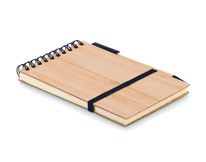 Notes bambusowy A6 z czarną gumką i długopisem PLA