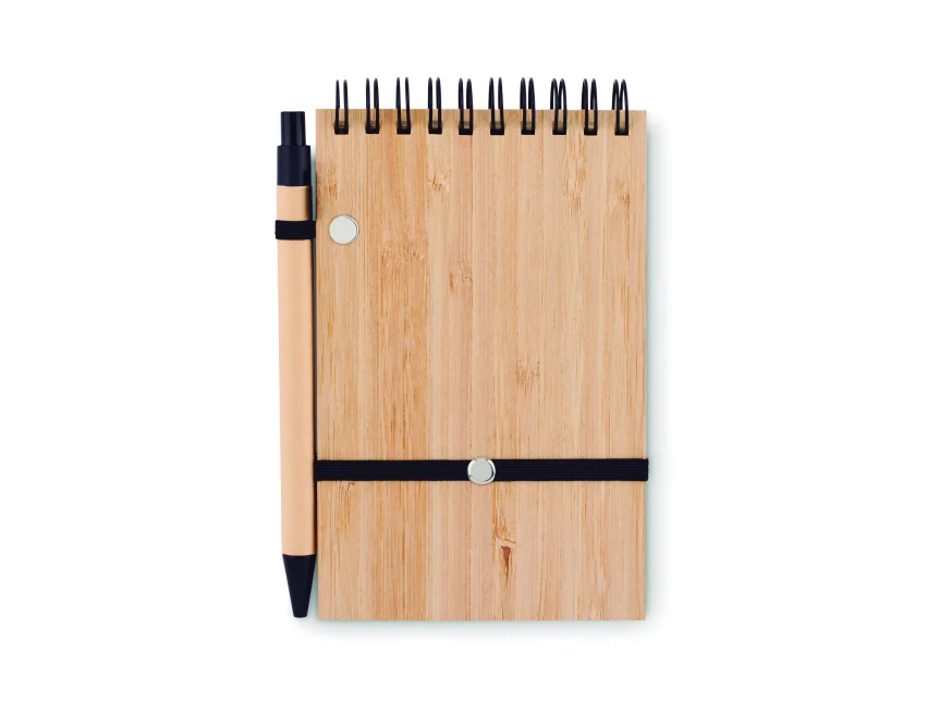 Notes bambusowy A6 z czarną gumką i długopisem PLA