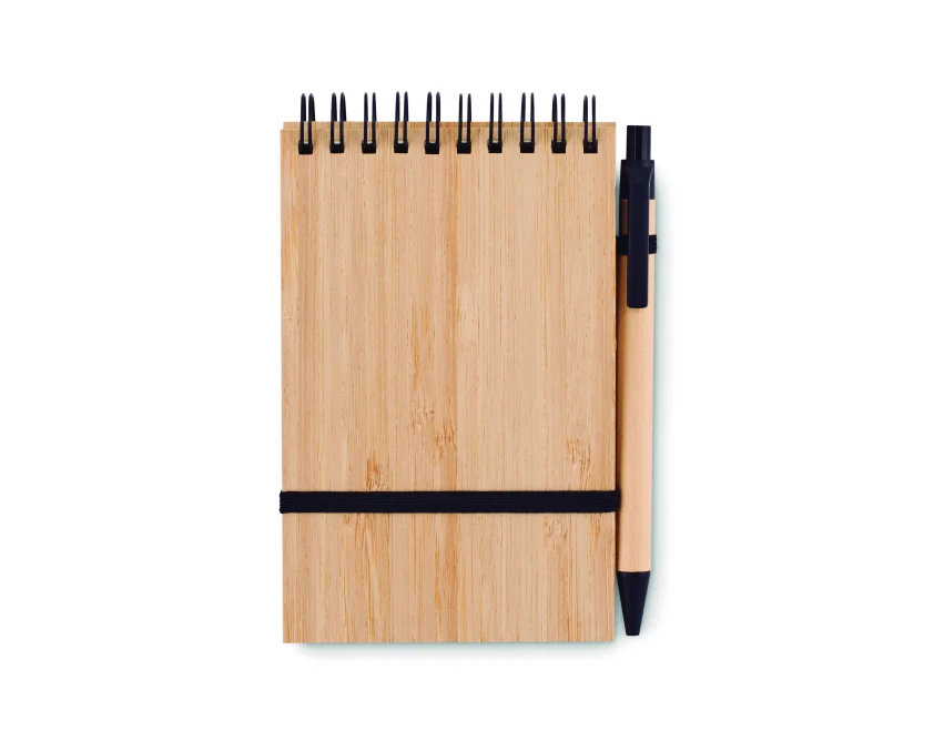 Notes bambusowy A6 z czarną gumką i długopisem PLA