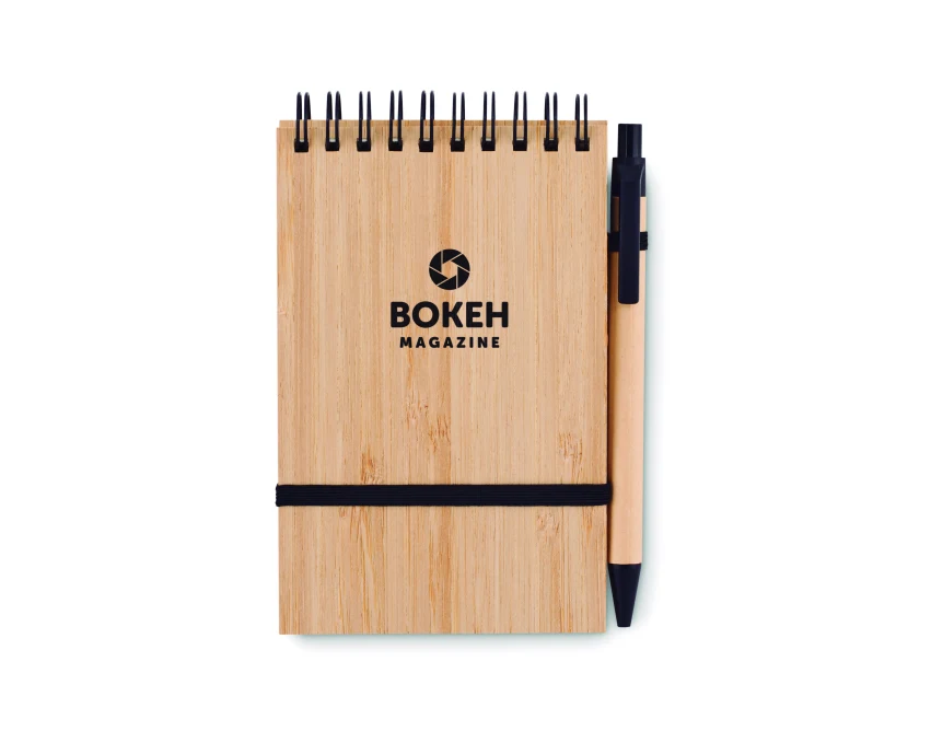 Notes bambusowy A6 z czarną gumką i długopisem PLA