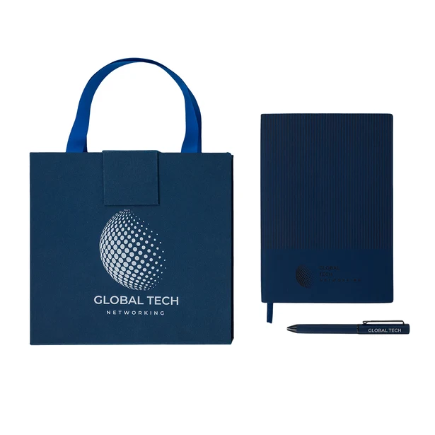 Lovina: granatowy zestaw notes A5 i długopis z logo