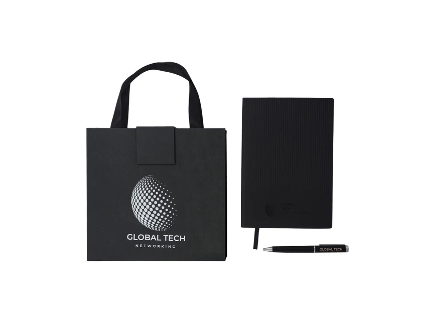 Czarny zestaw Lovini: notes A5 PU + długopis z logo