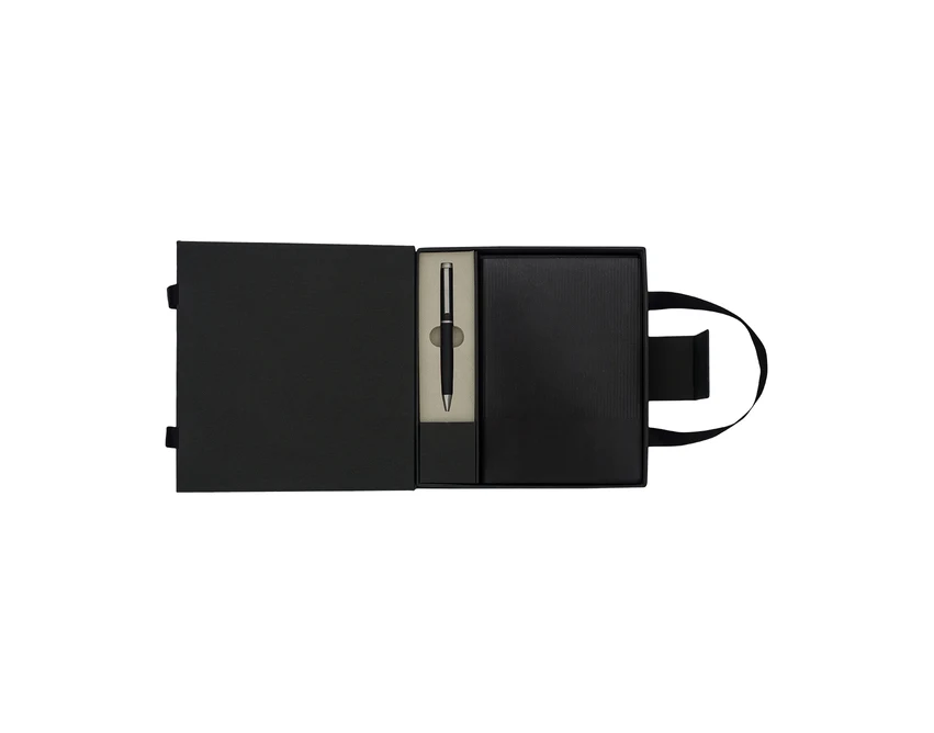 Czarny zestaw Lovini: notes A5 PU + długopis z logo