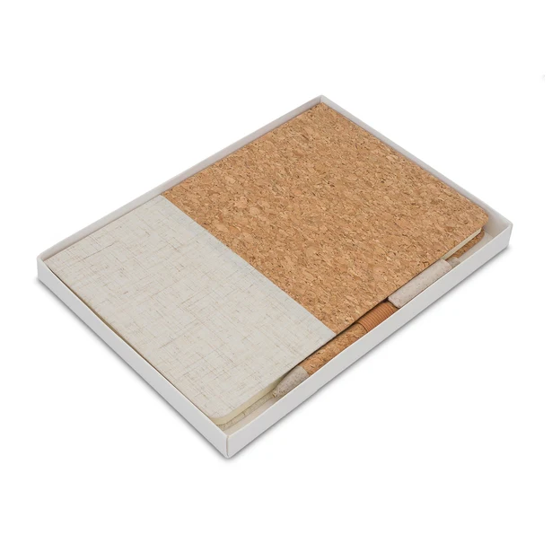 Beżowy notes korkowy A5 z długopisem i logo w zestawie