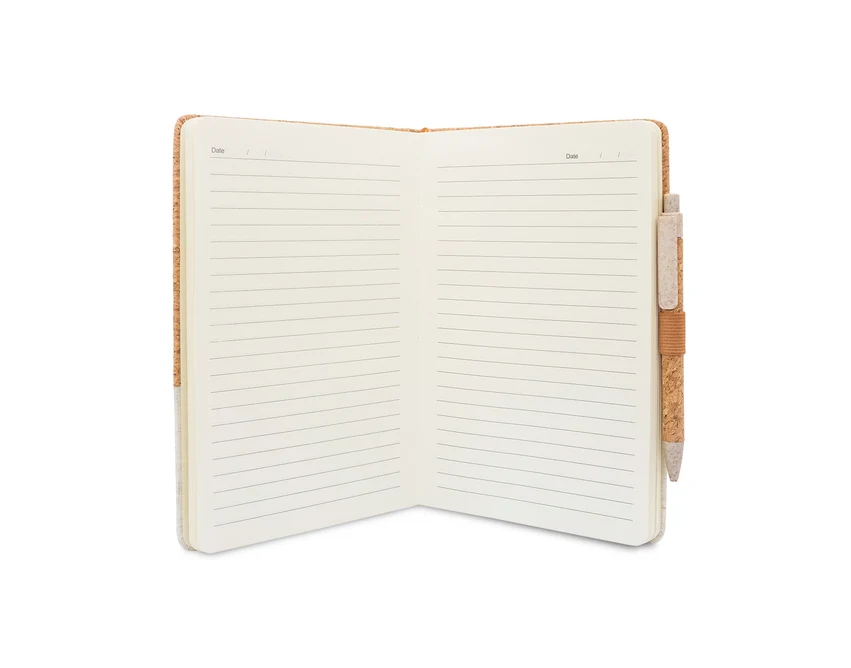 Beżowy notes korkowy A5 z długopisem i logo w zestawie