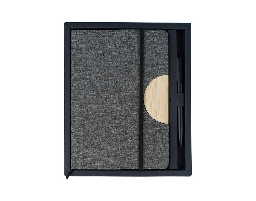 Szary notes z bambusem i długopisem – zestaw z logo