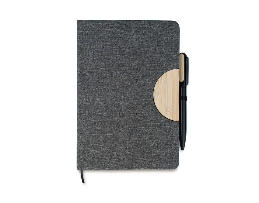 Szary notes z bambusem i długopisem – zestaw z logo