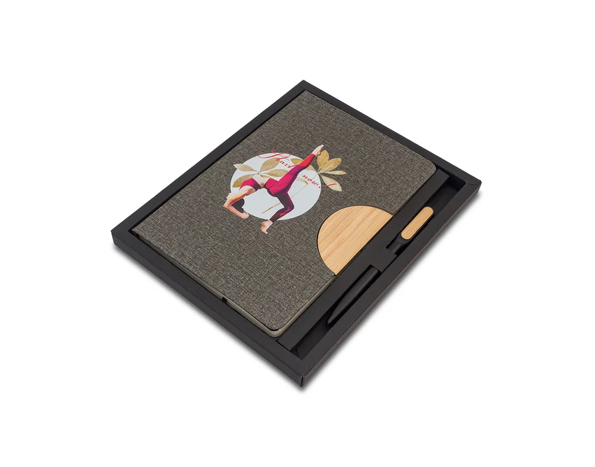 Szary notes z bambusem i długopisem – zestaw z logo