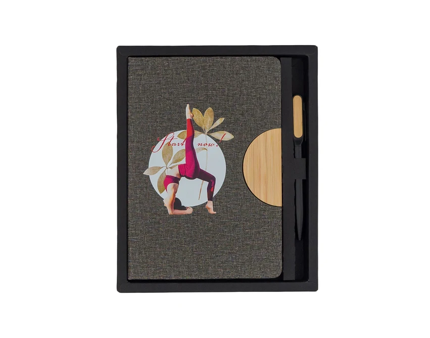 Szary notes z bambusem i długopisem – zestaw z logo