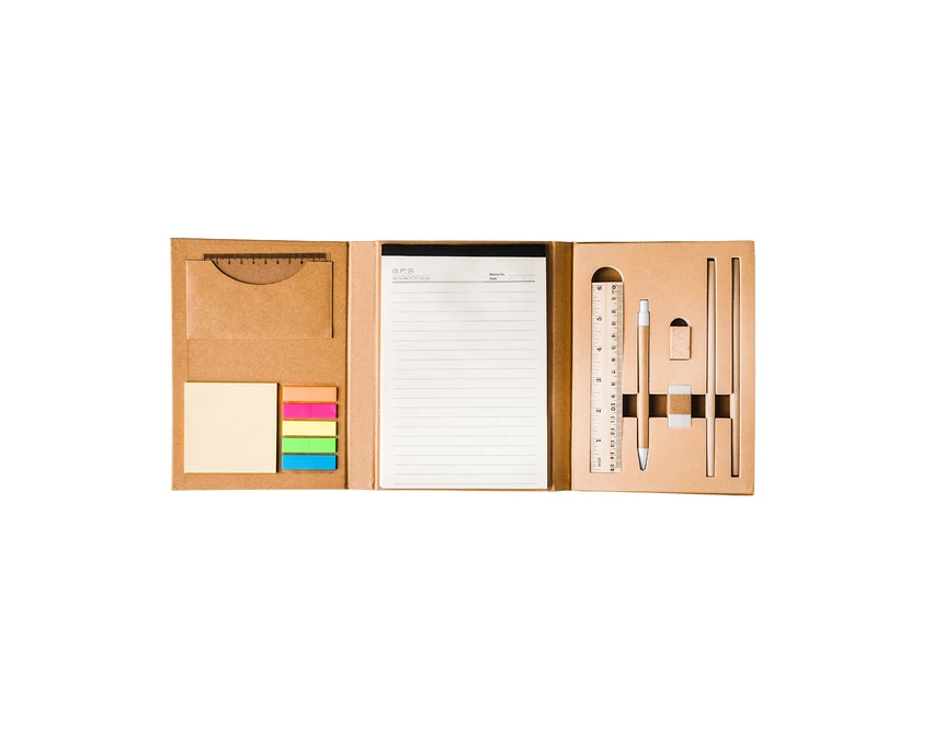 Beżowy zestaw piśmienniczy Sustain z logo w etui eko