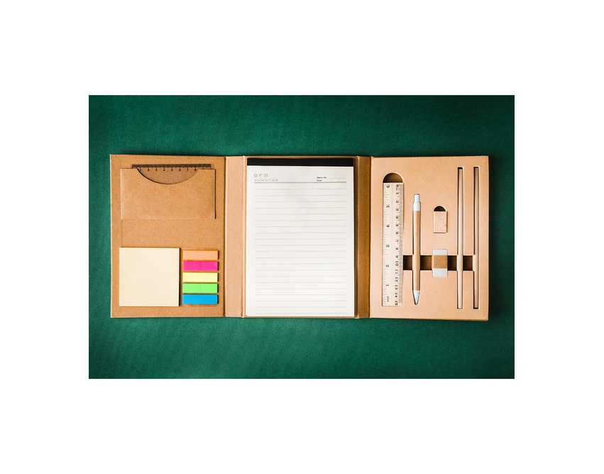 Beżowy zestaw piśmienniczy Sustain z logo w etui eko