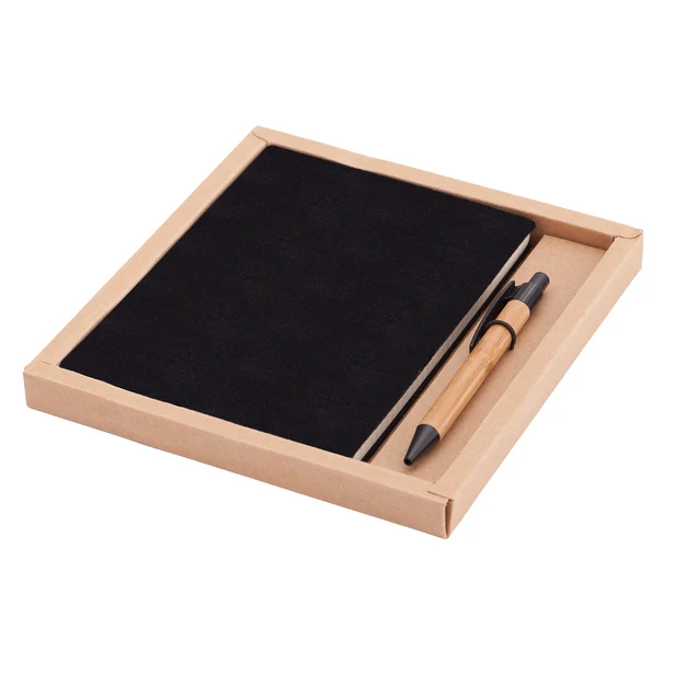 Czarny zestaw Porto: notes lniany i bambusowy długopis
