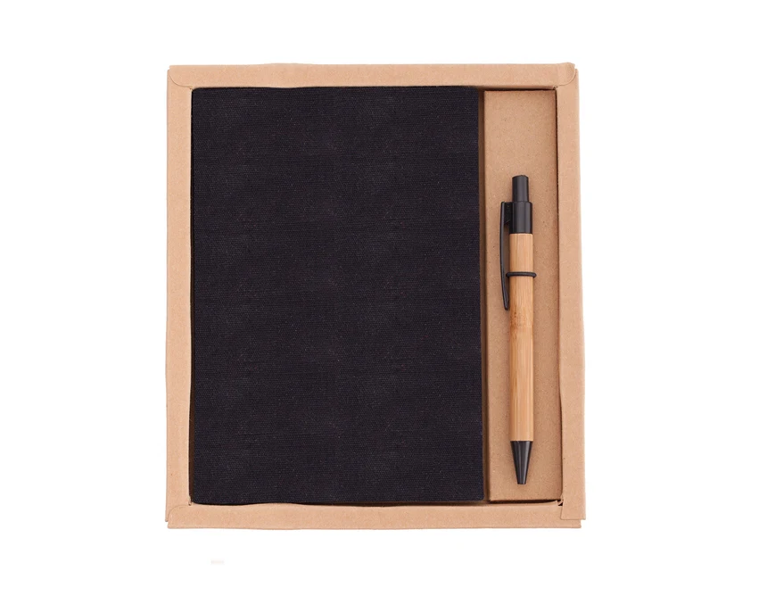 Czarny zestaw Porto: notes lniany i bambusowy długopis