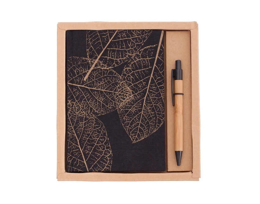 Brązowy zestaw Porto: notes lniany + bambusowy długopis