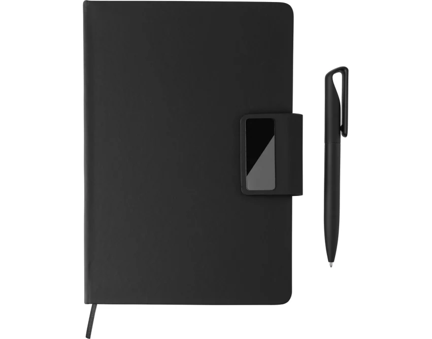Czarny zestaw notes PU z długopisem i logo w pudełku