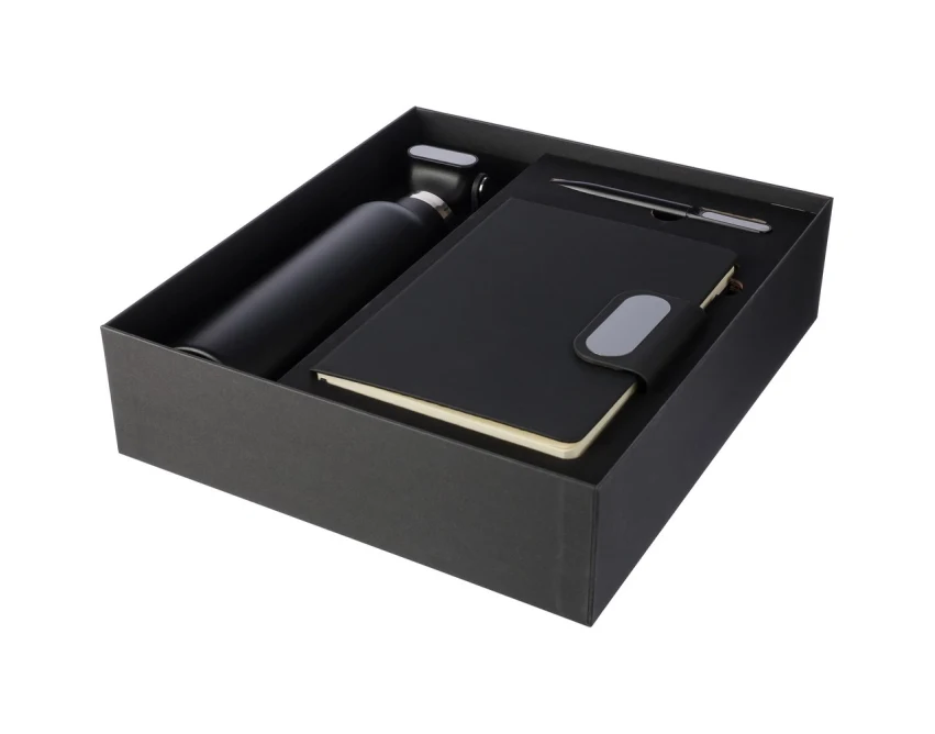 Czarny zestaw prezentowy: termos RPET, notatnik, długopis