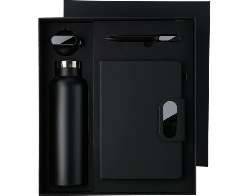 Czarny zestaw prezentowy: termos RPET, notatnik, długopis