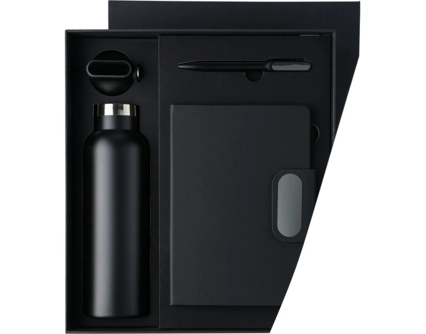 Czarny zestaw prezentowy: termos RPET, notatnik, długopis